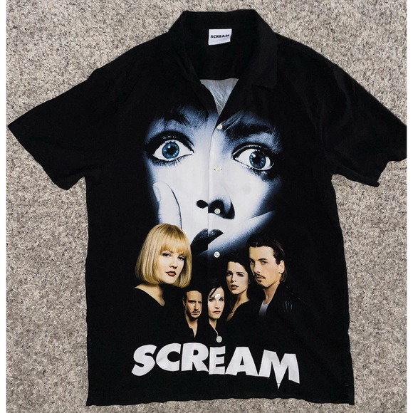 Mens SCREAM MOVIE POSTER Double Sided Halloween Button Down Shirt Size L RARE - Picture 1 of 5